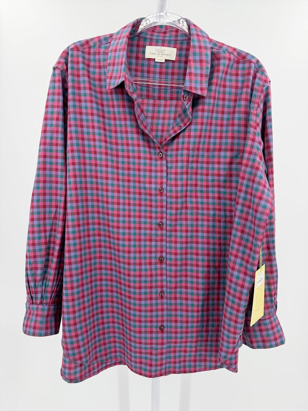 Birds of Paradis by Trovata Shirt Blake Oversized Top Purple Poppy Pine Check L